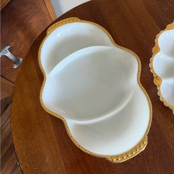 Lot of 2 Anchor Hocking Fire King Milk Glass Deviled Egg Gold Trim + Relish Tray - Picture 4 of 9